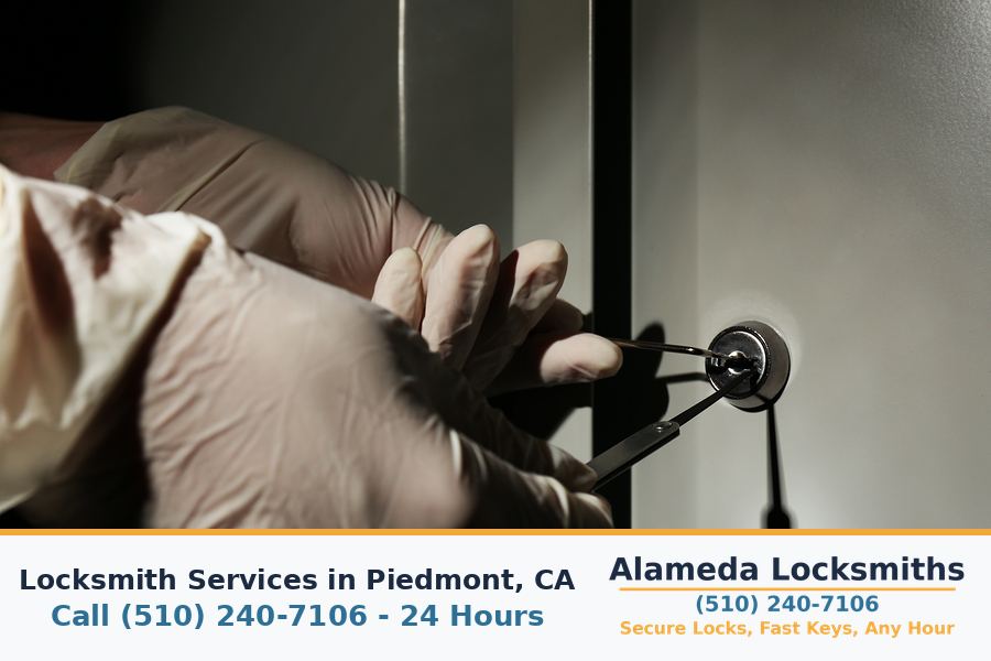 Locksmith working on a residential door lock in Piedmont, CA